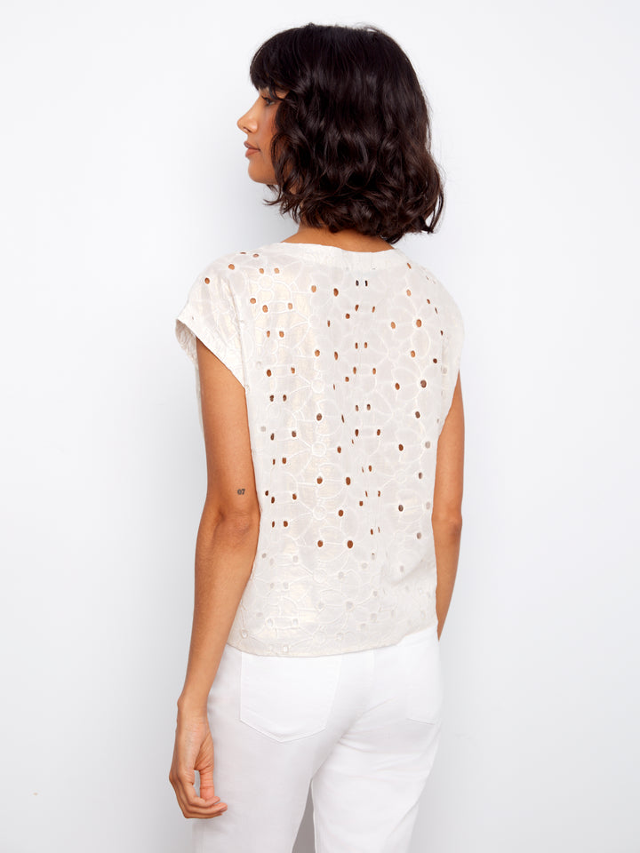 Gold Foil Eyelet Tie Front Blouse