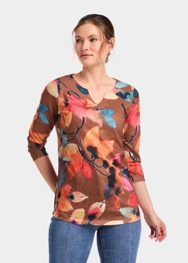 Golden Fall Print Notch Neck Top