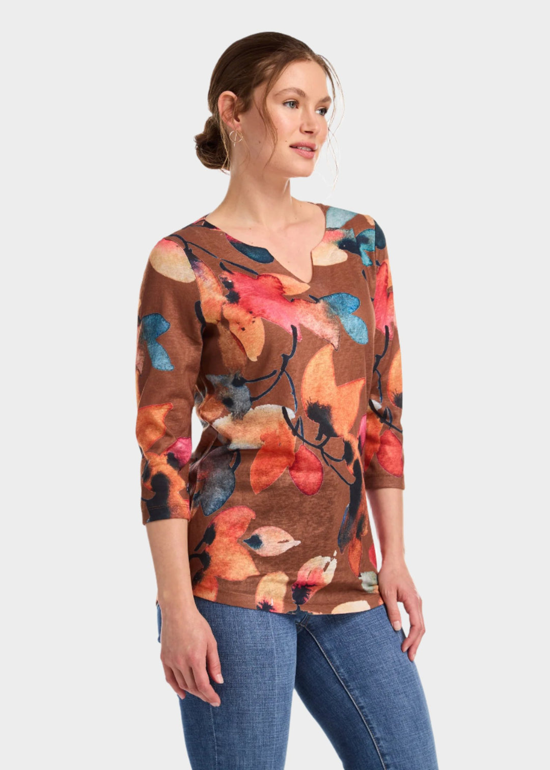 Golden Fall Print Notch Neck Top