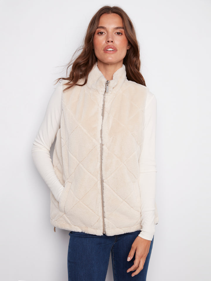 Greige Reversible Quilted Faux Fur Vest