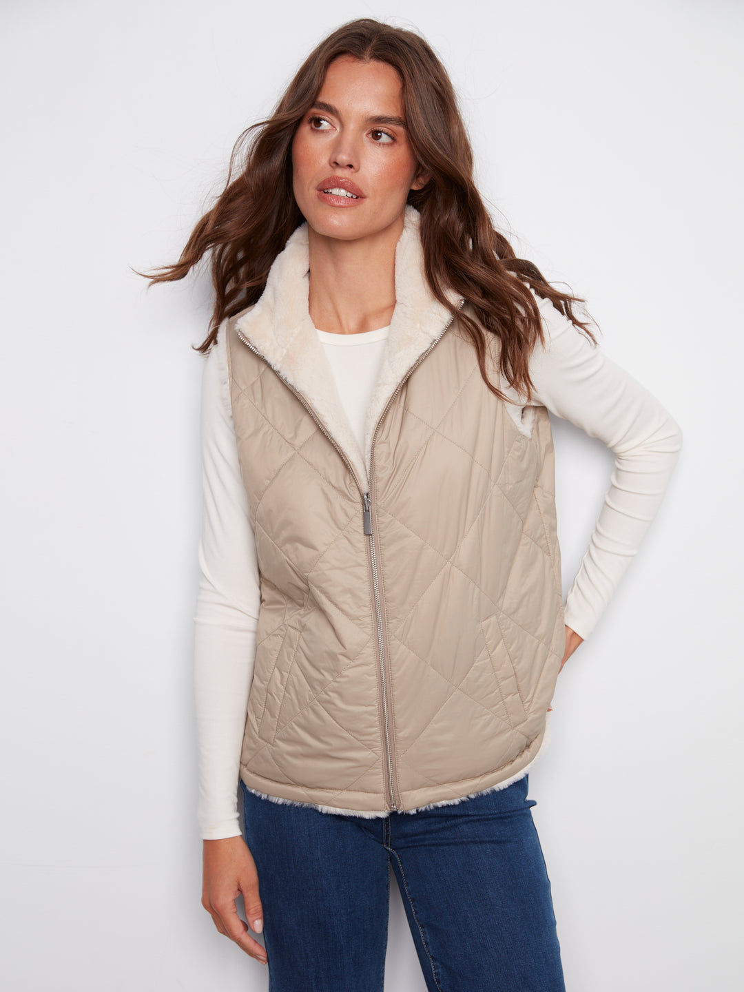 Greige Reversible Quilted Faux Fur Vest