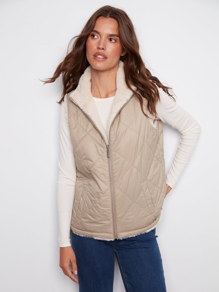 Greige Reversible Quilted Faux Fur Vest