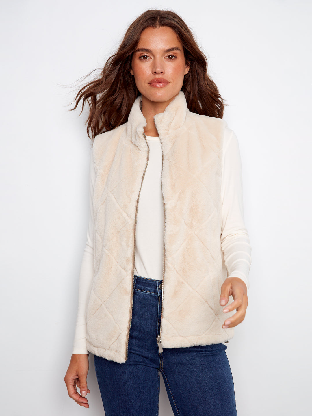Greige Reversible Quilted Faux Fur Vest