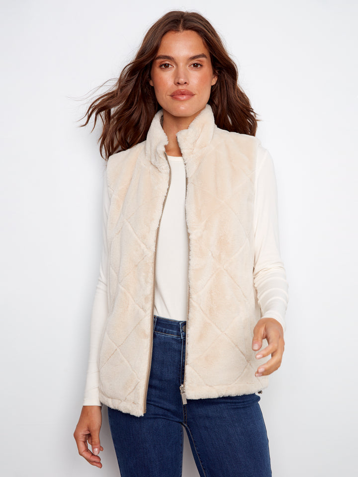 Greige Reversible Quilted Faux Fur Vest