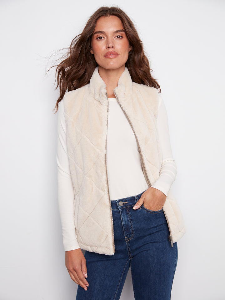Greige Reversible Quilted Faux Fur Vest