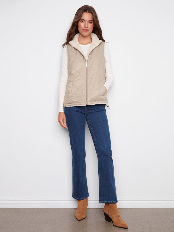 Greige Reversible Quilted Faux Fur Vest