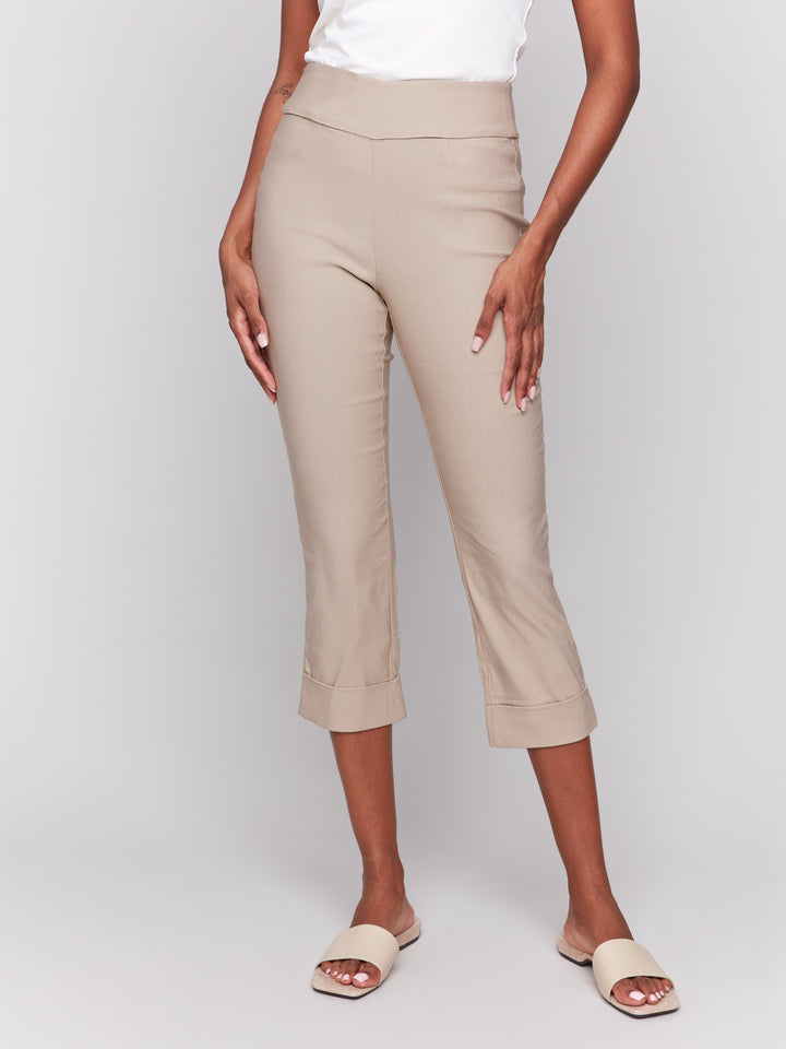 Greige Stretch Pull On Cuffed Crop Pant