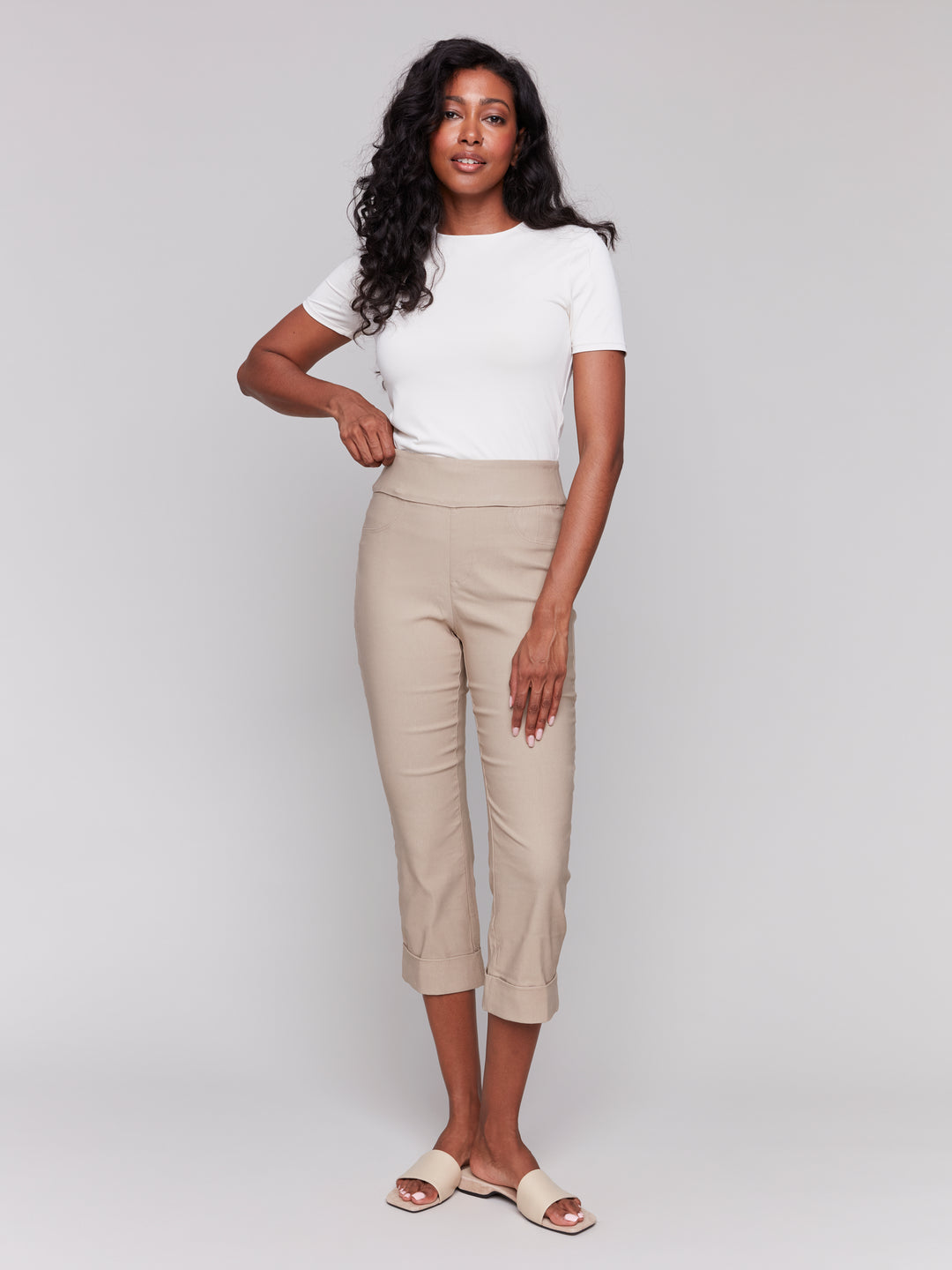 Greige Stretch Pull On Cuffed Crop Pant