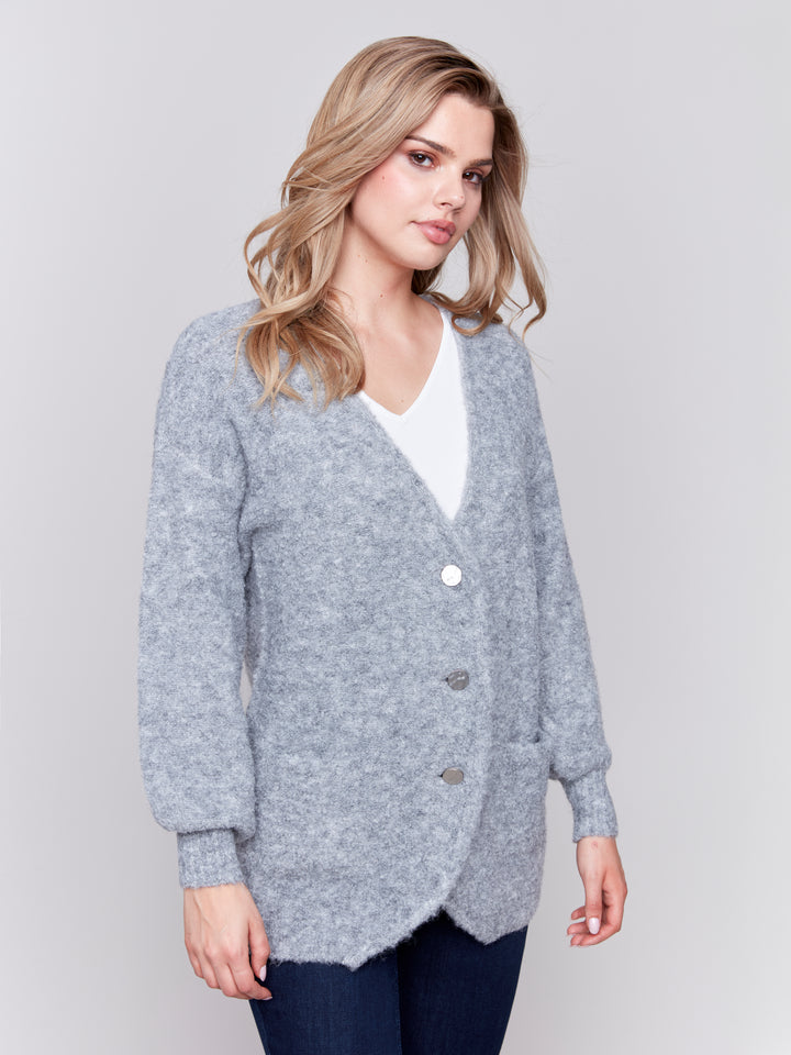 Grey Boucle Knit Long Cardigan