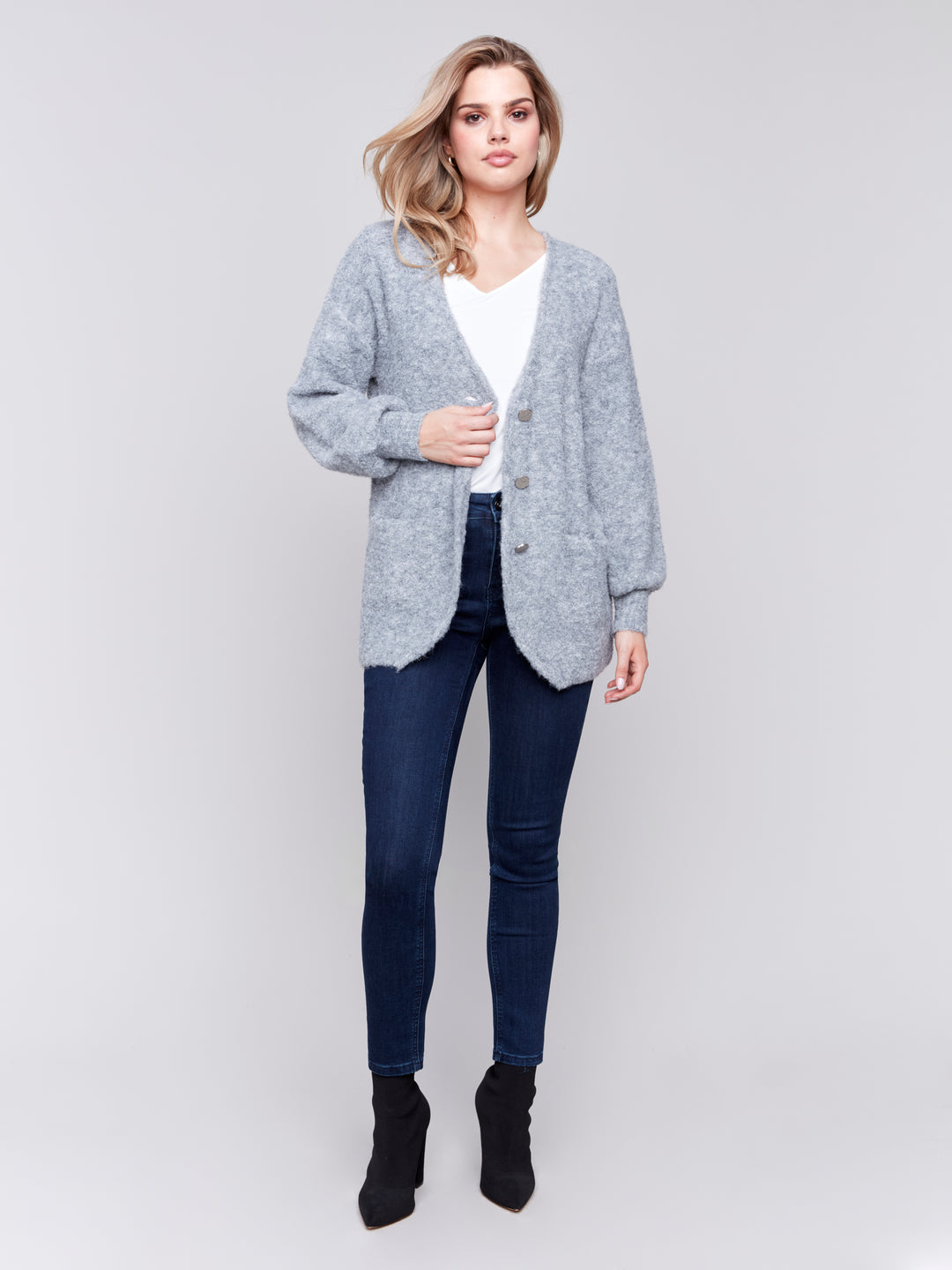 Grey Boucle Knit Long Cardigan