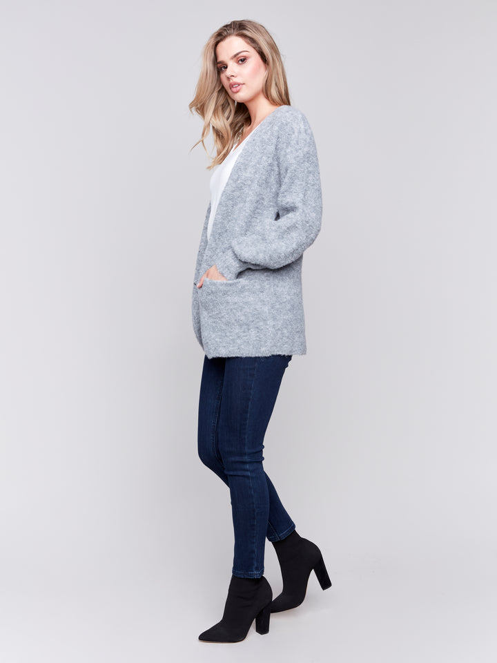 Grey Boucle Knit Long Cardigan