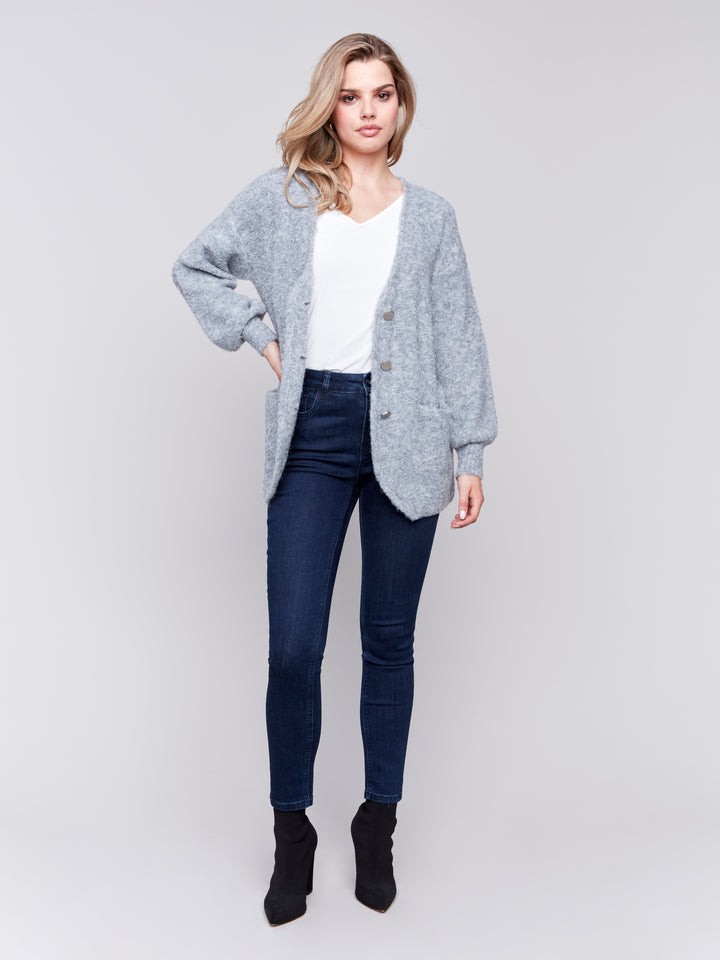 Grey Boucle Knit Long Cardigan