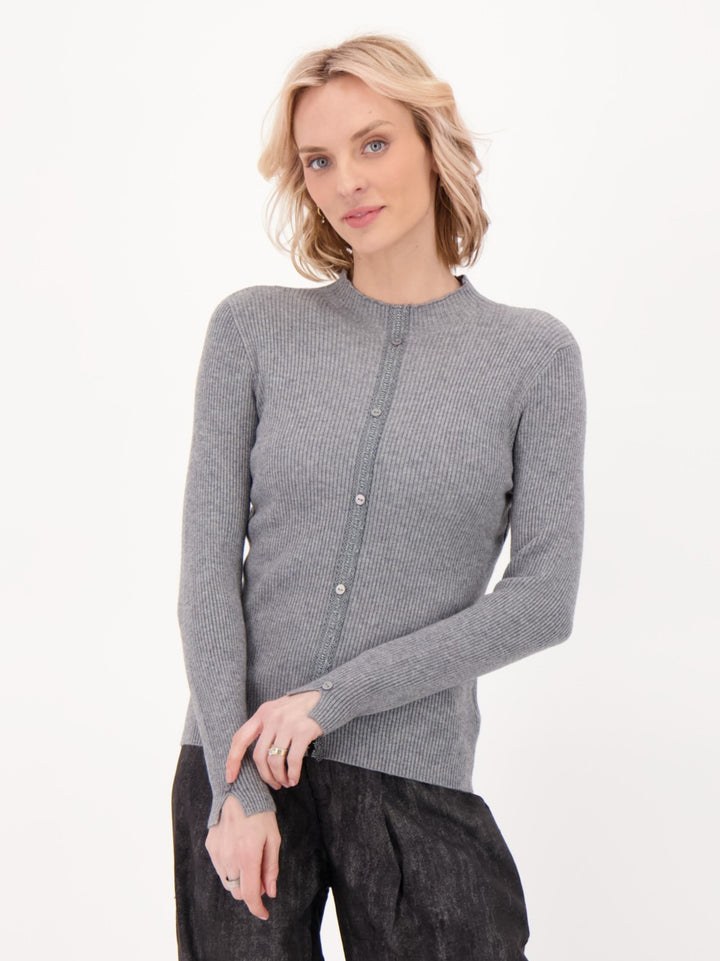 Grey Button and Lace Rib Knit Sweater