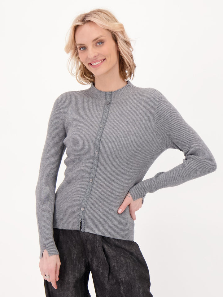 Grey Button and Lace Rib Knit Sweater