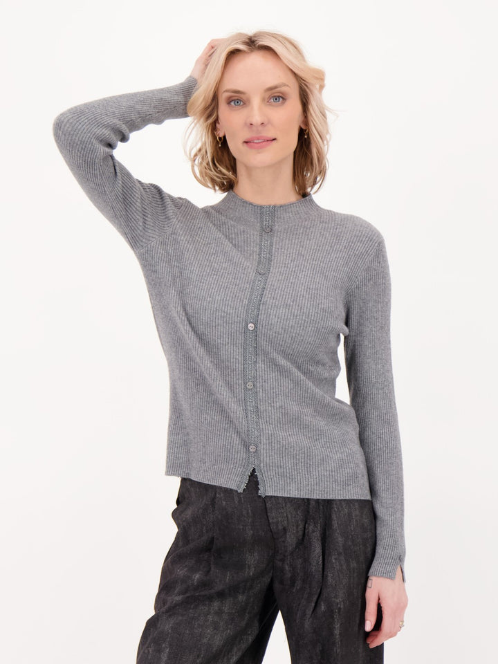 Grey Button and Lace Rib Knit Sweater