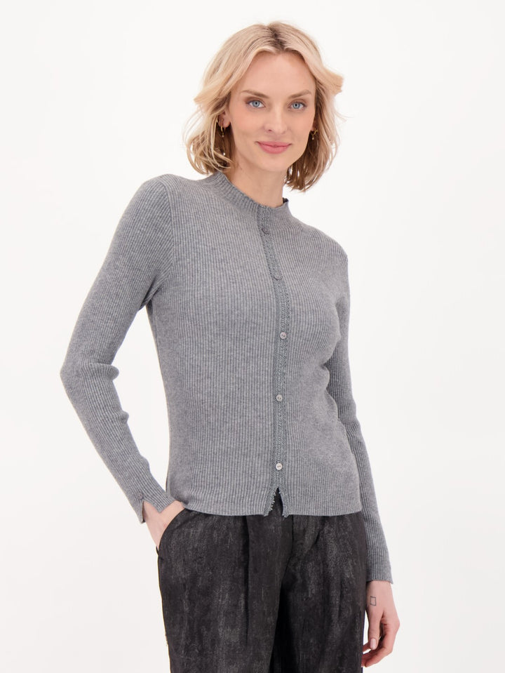 Grey Button and Lace Rib Knit Sweater