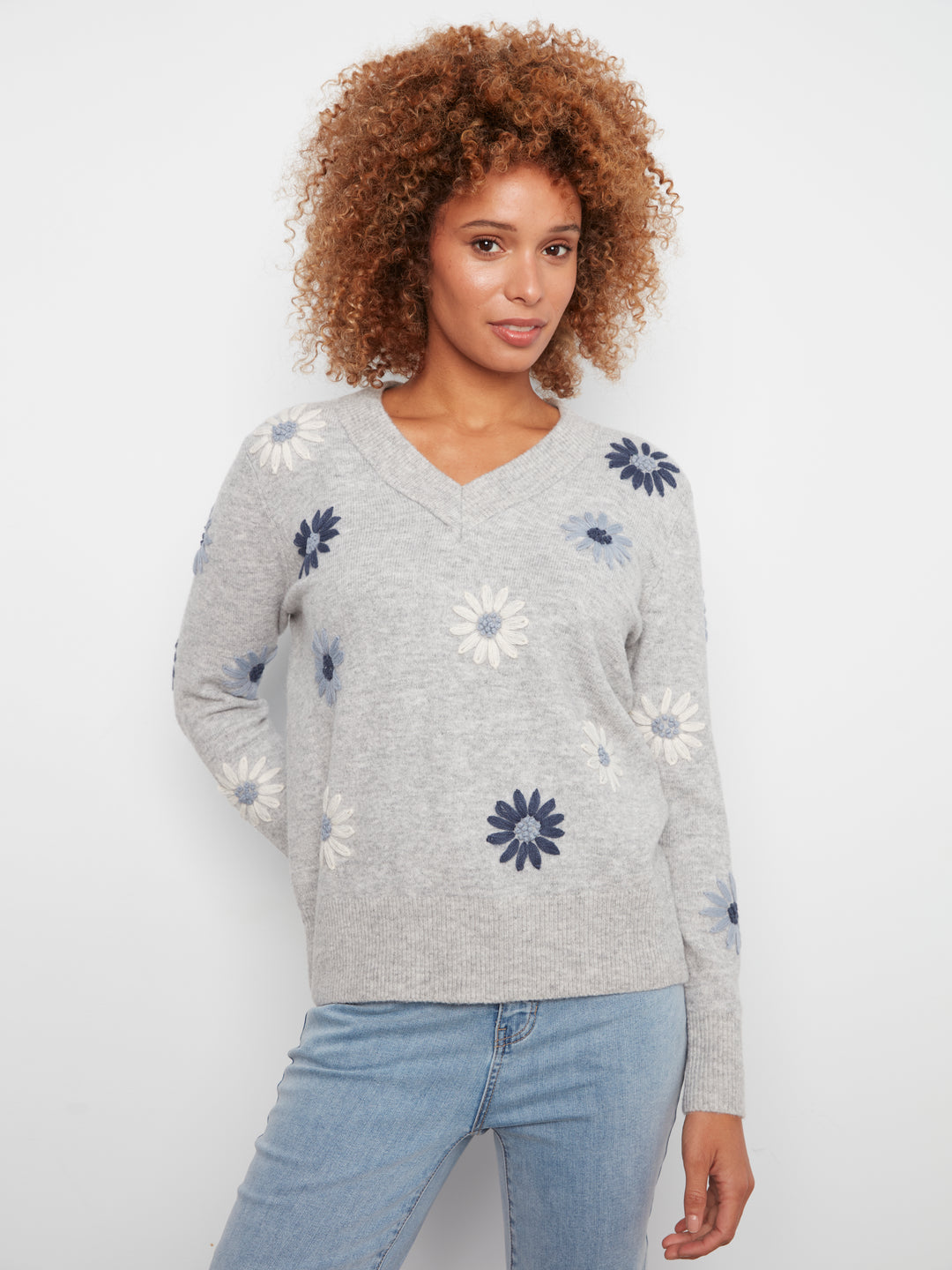 Grey Flower Embroidered V-Neck Sweater