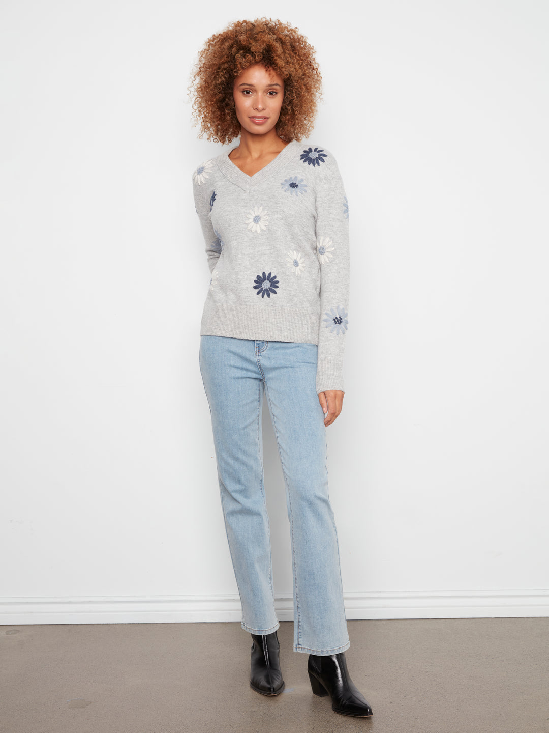 Grey Flower Embroidered V-Neck Sweater