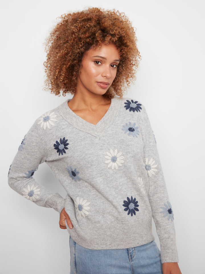 Grey Flower Embroidered V-Neck Sweater