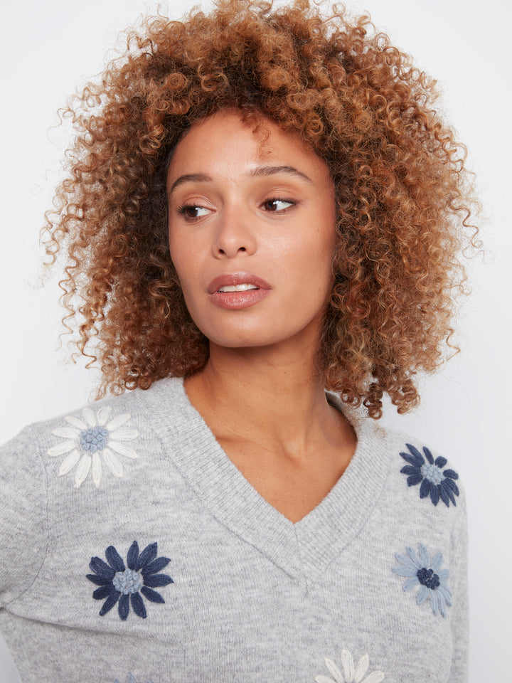 Grey Flower Embroidered V-Neck Sweater