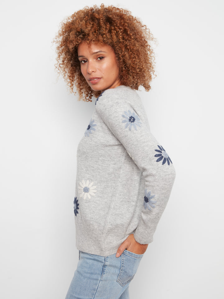 Grey Flower Embroidered V-Neck Sweater