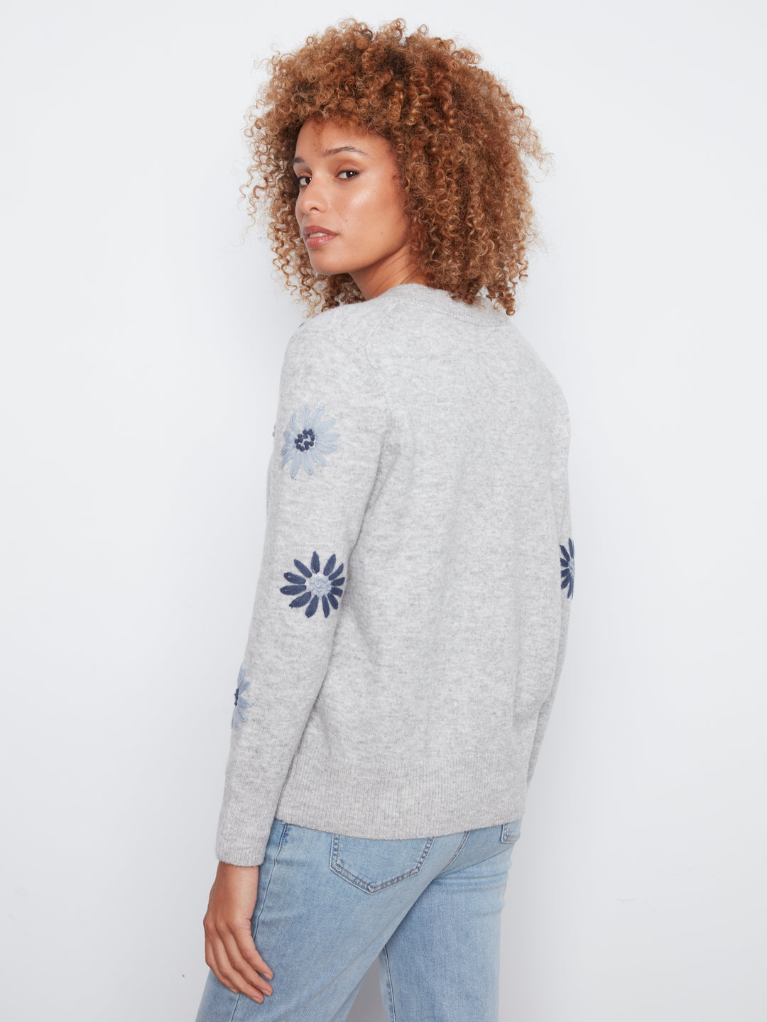 Grey Flower Embroidered V-Neck Sweater