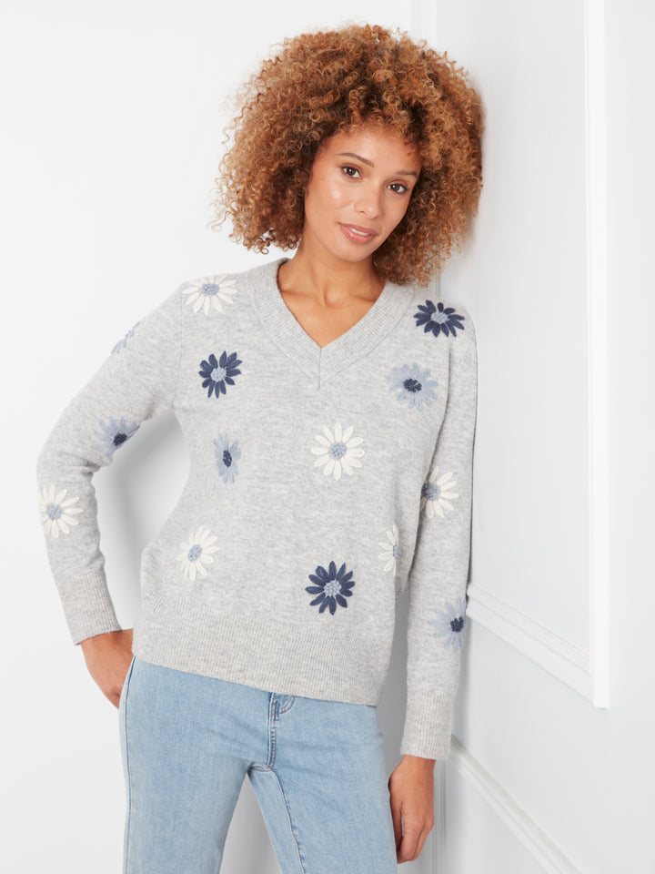 Grey Flower Embroidered V-Neck Sweater