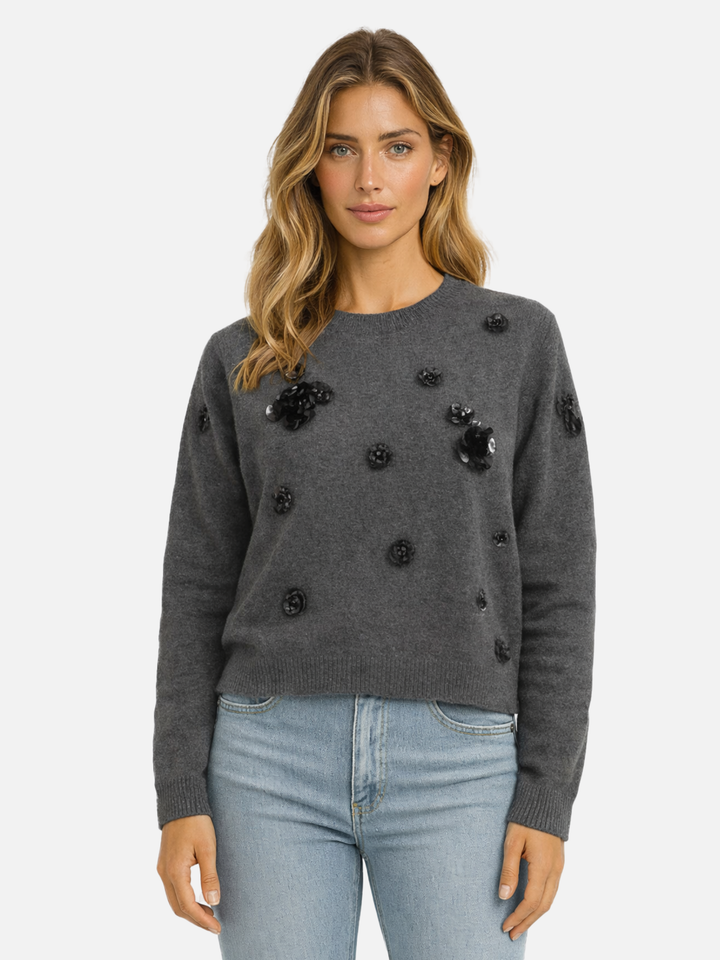 Grey Jewelled Flower Applique Sweater