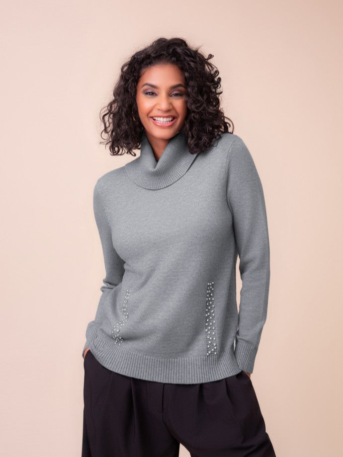Grey Pearl Accent Cowl Neck Sweater