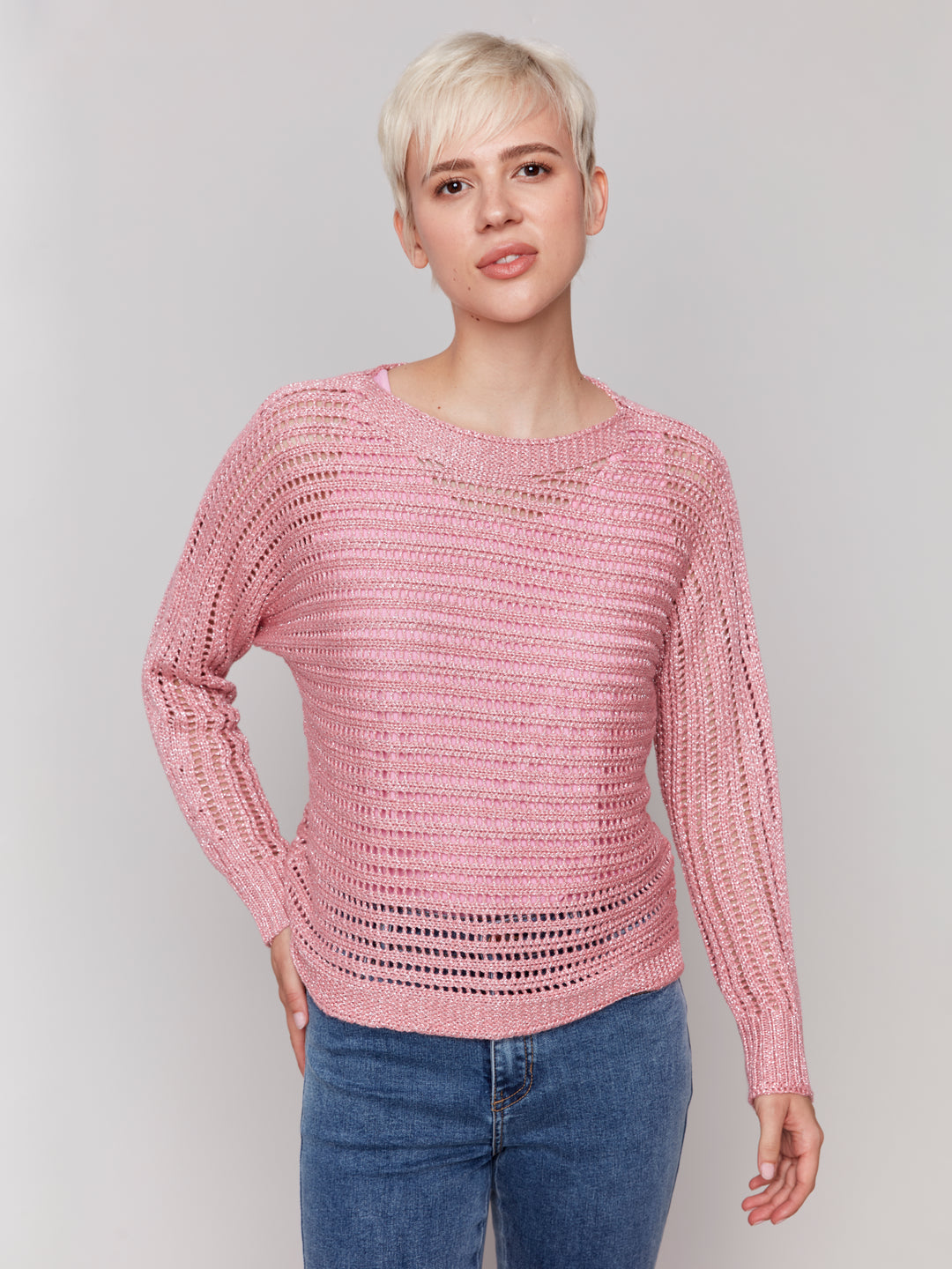 Guava Metallic Fishnet Sweater