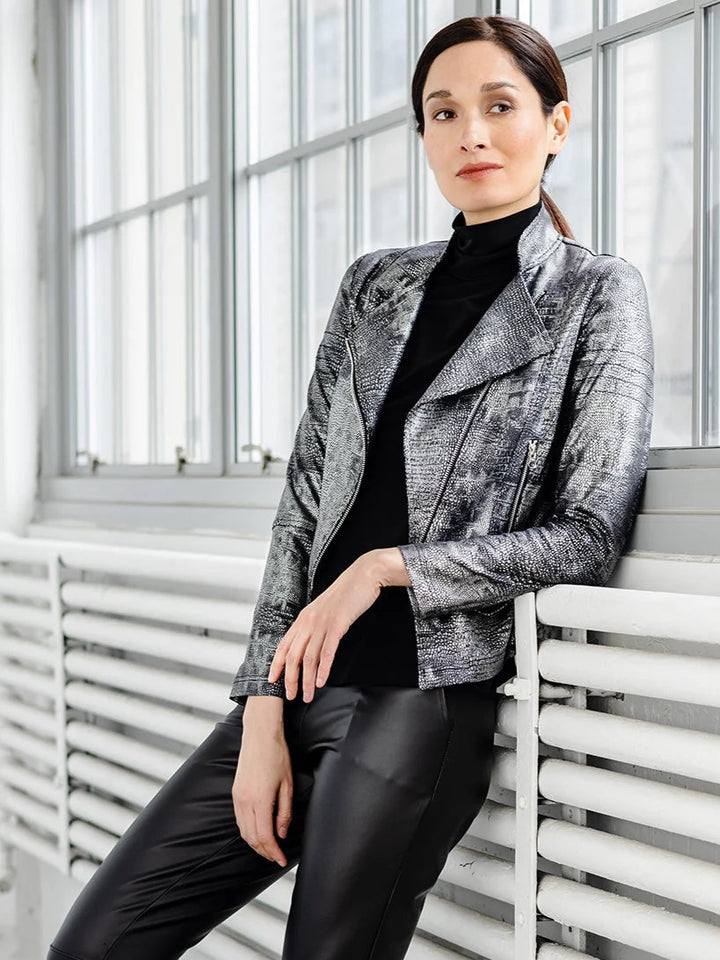 Gunmetal Metallic Liquid Leather Biker Jacket