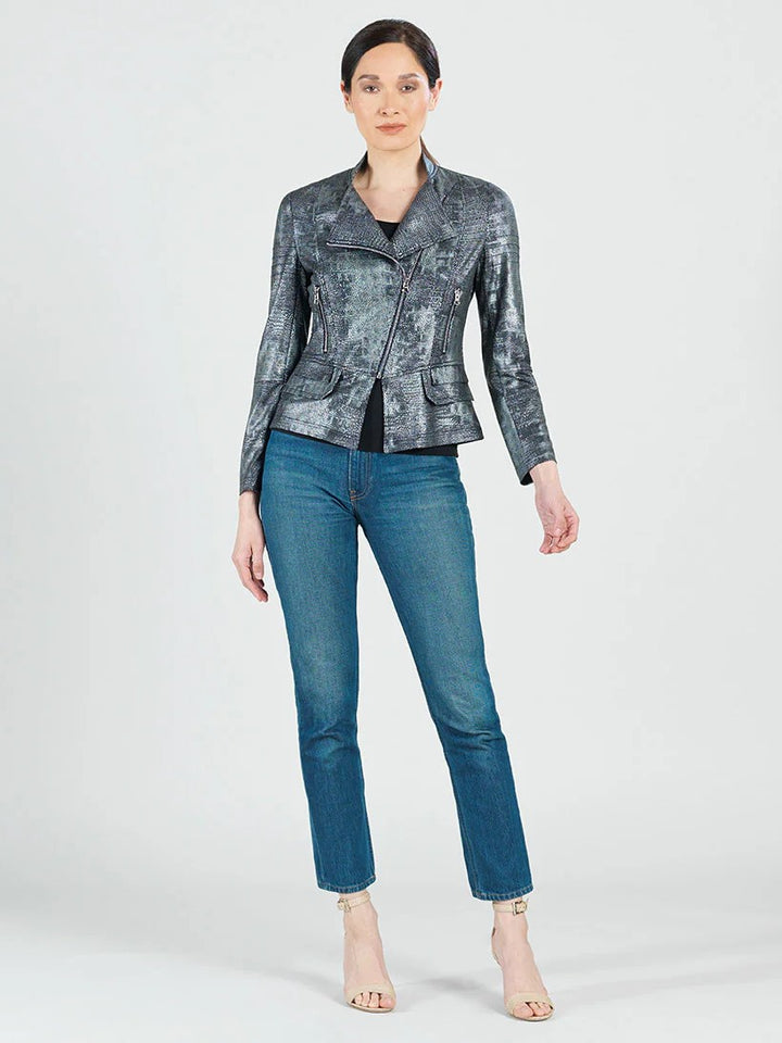 Gunmetal Metallic Liquid Leather Biker Jacket