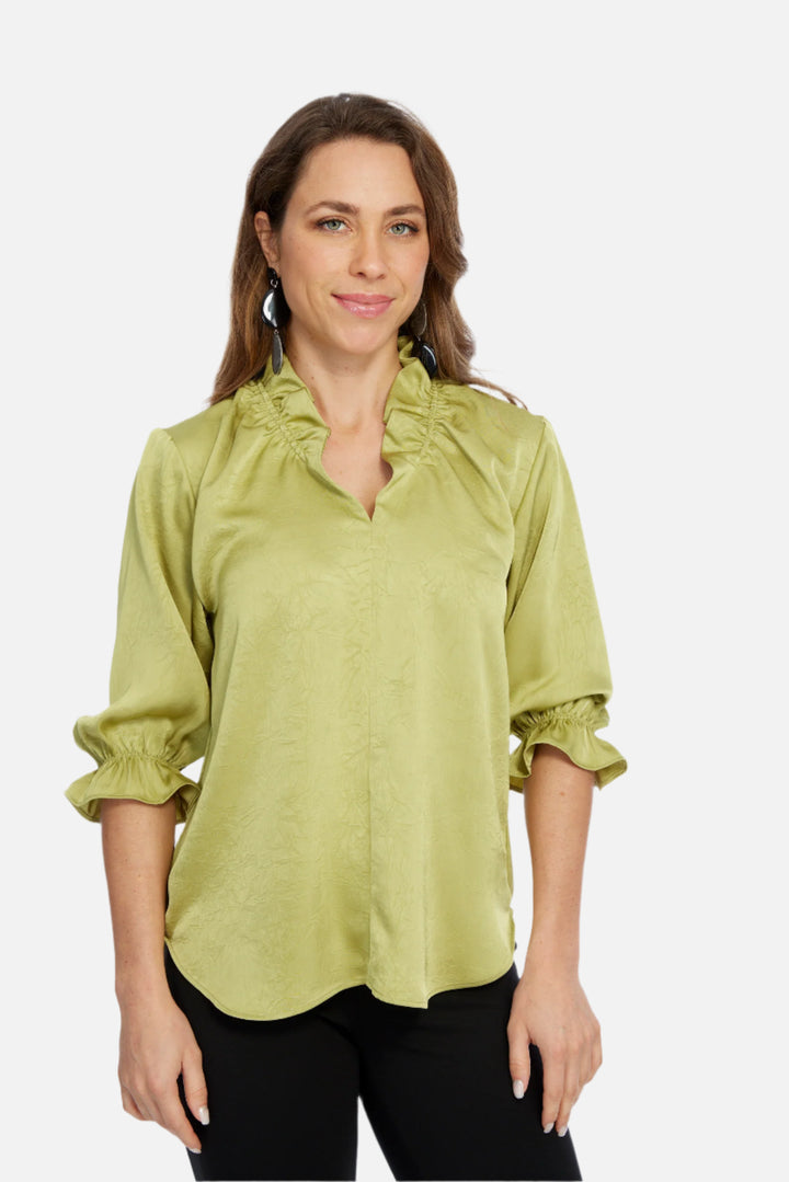 Hailey Leaf Green Ruffle Neck Brushed Satin Blouse