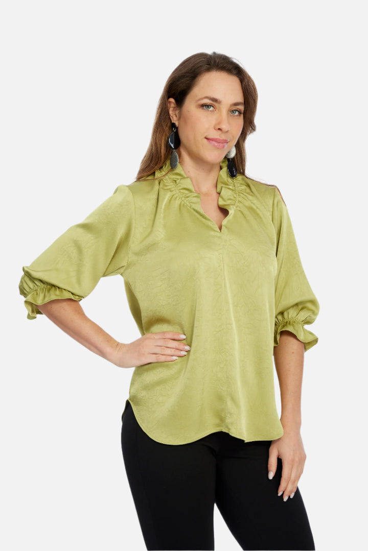 Hailey Leaf Green Ruffle Neck Brushed Satin Blouse
