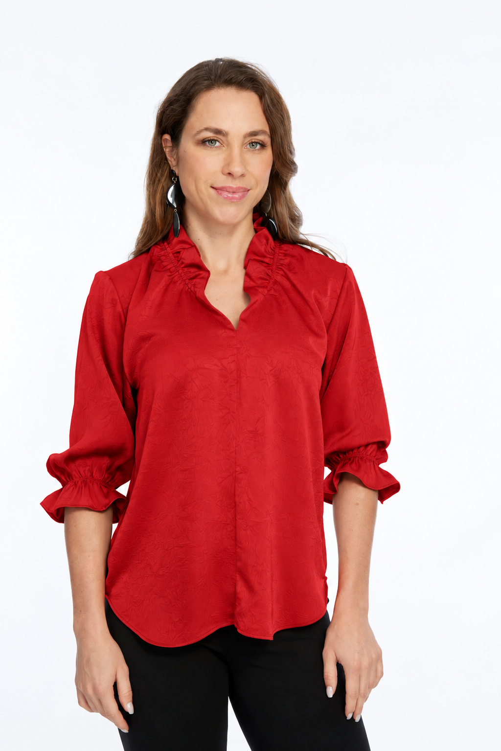 Hailey Red Ruffle Neck Brushed Satin Blouse