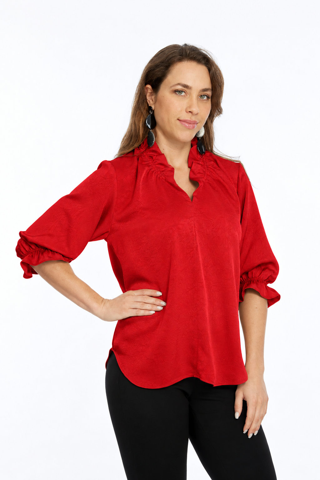 Hailey Red Ruffle Neck Brushed Satin Blouse