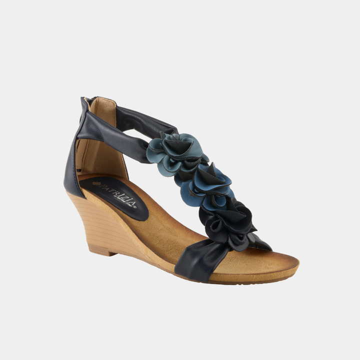 Harlequin Navy Rosette Wedge Shoe