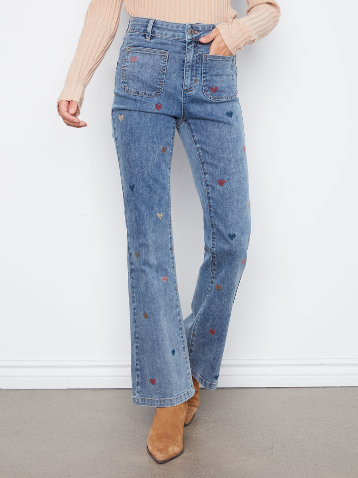 Heart Embroidered Flare Leg Jean