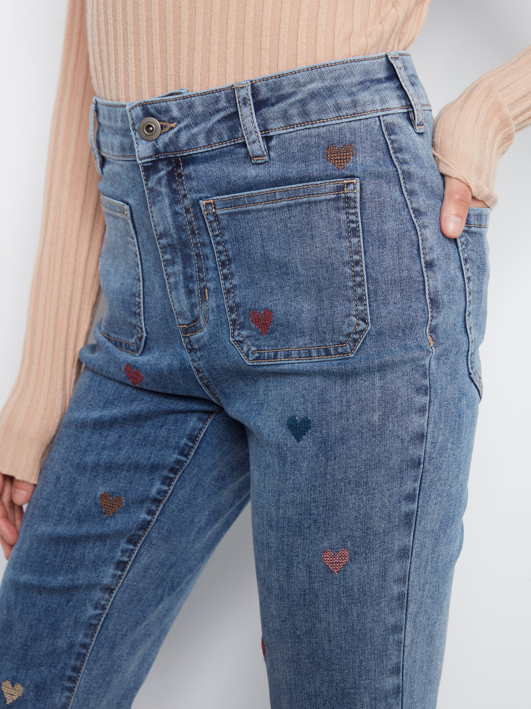 Heart Embroidered Flare Leg Jean