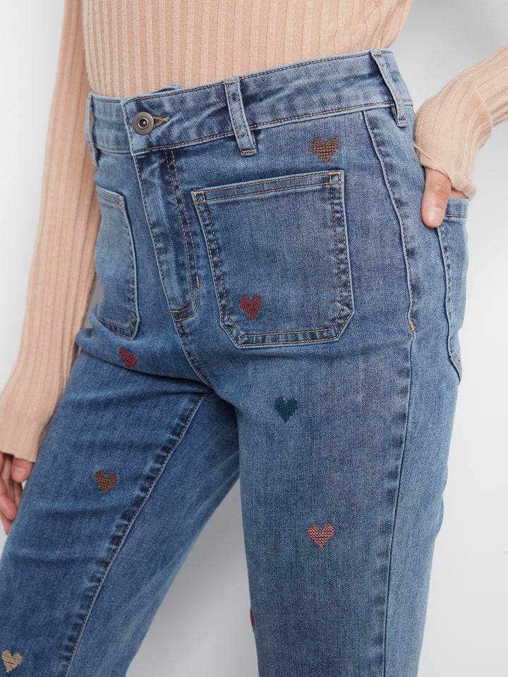 Heart Embroidered Flare Leg Jean