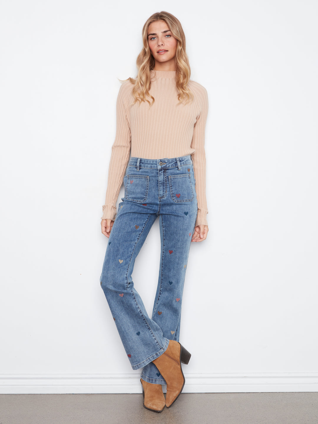 Heart Embroidered Flare Leg Jean