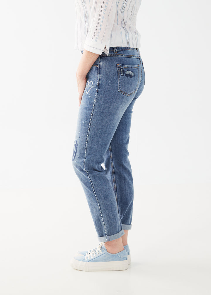 Heart Embroidered Girlfriend Roll Up Jean