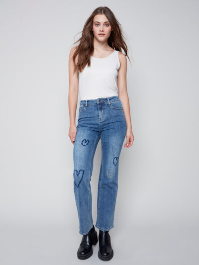 Heart Embroidered Straight Leg Jean