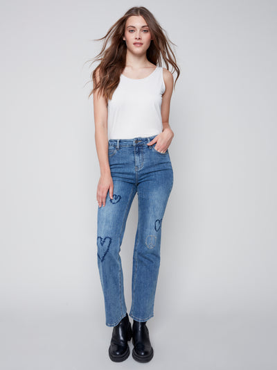 Heart Embroidered Straight Leg Jean