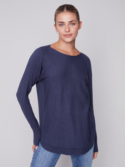 Heather Denim Blue Lace-Up Back Plushy Knit Sweater