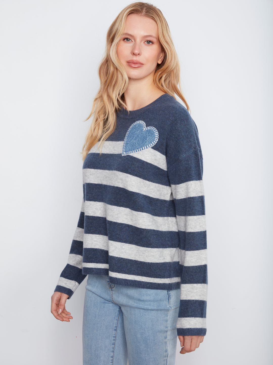 Heather Denim Heart Patch Striped Sweater