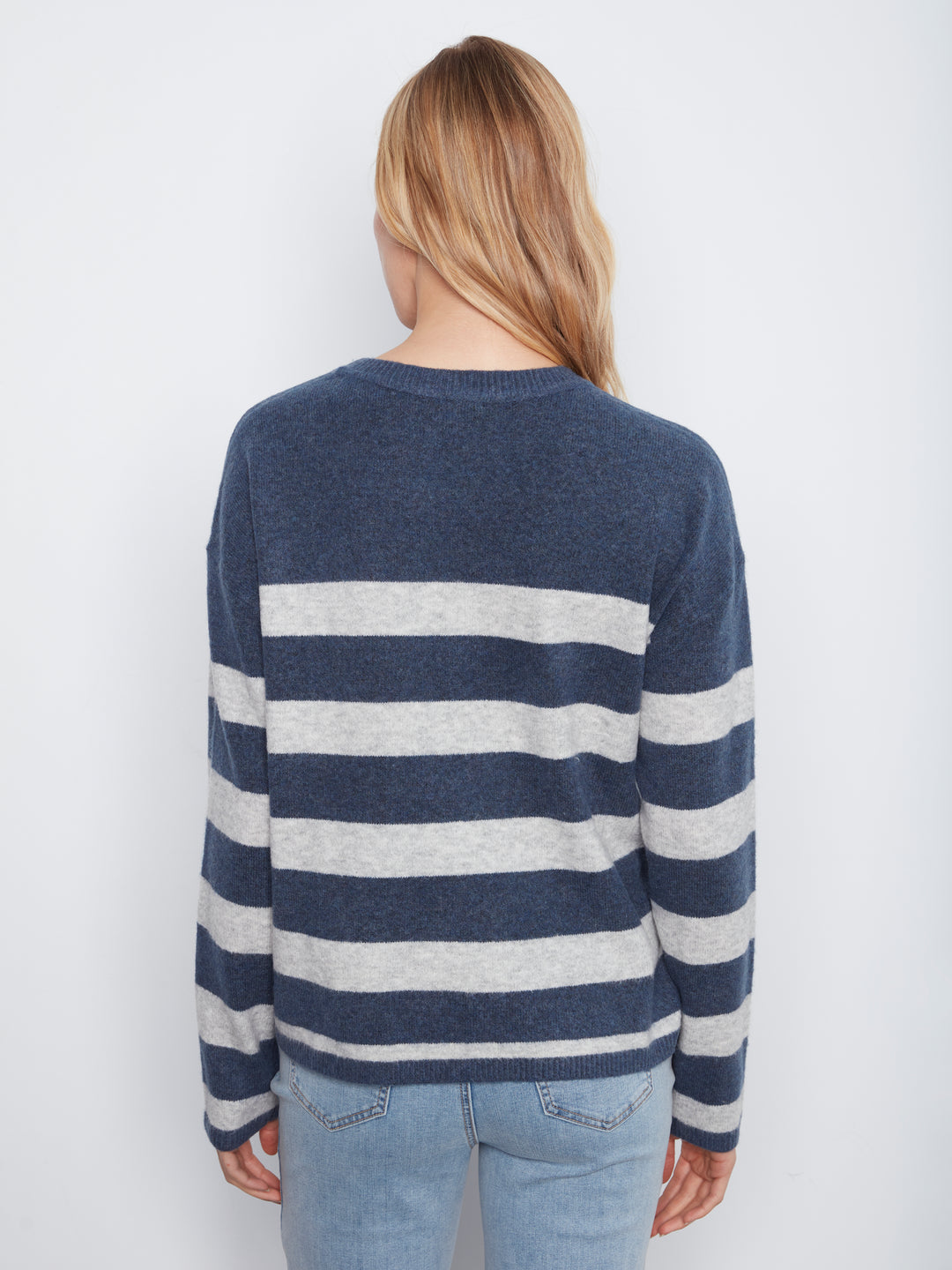 Heather Denim Heart Patch Striped Sweater