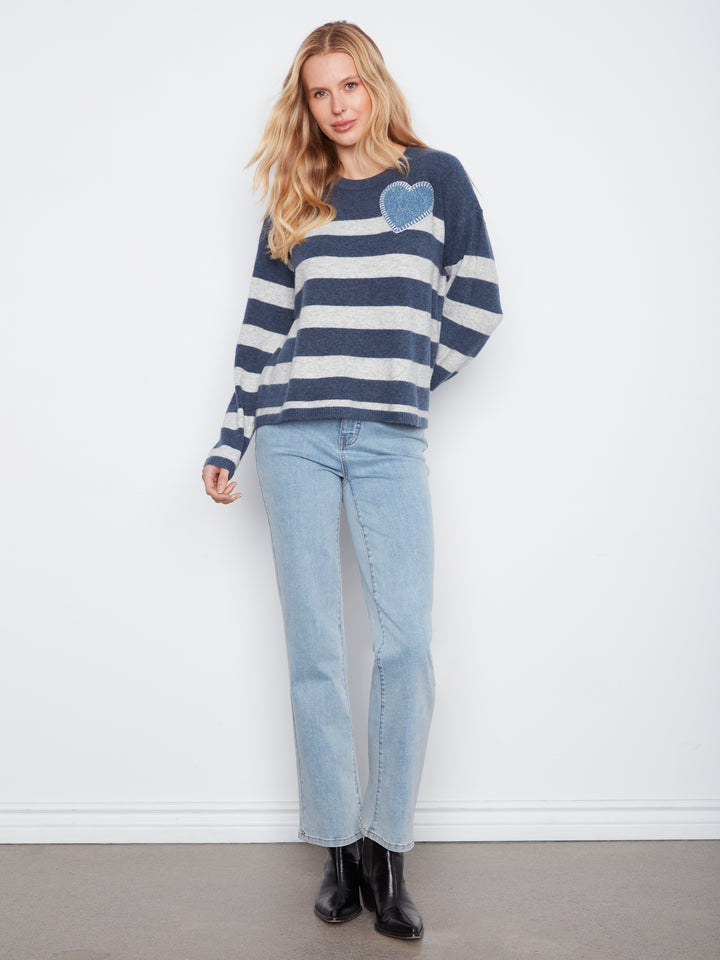 Heather Denim Heart Patch Striped Sweater
