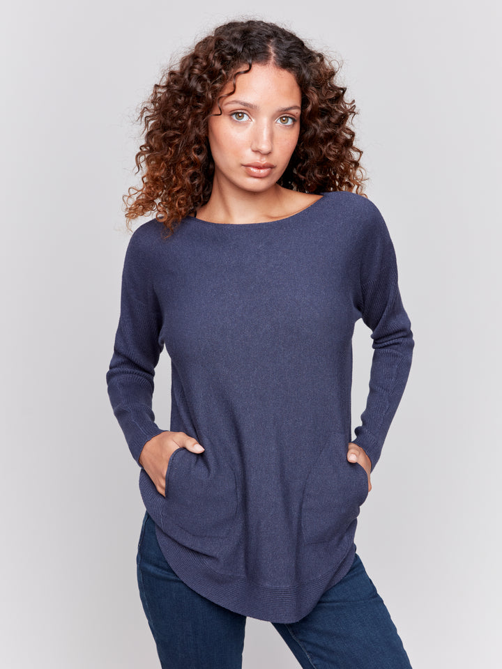 Heather Denim Lace-Up Back Plushy Knit Sweater