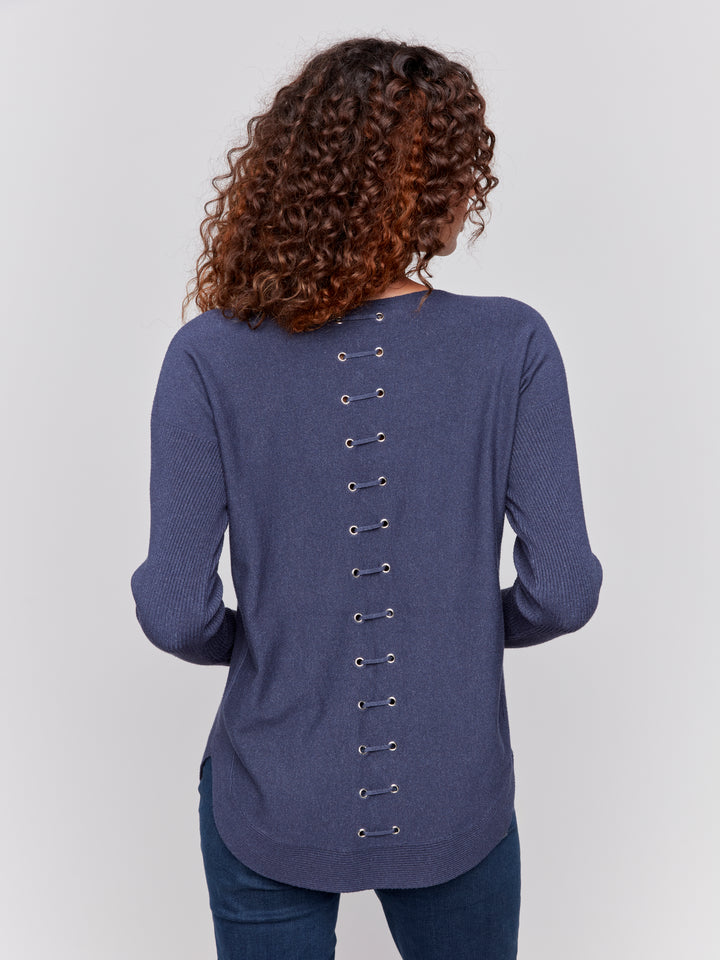 Heather Denim Lace-Up Back Plushy Knit Sweater